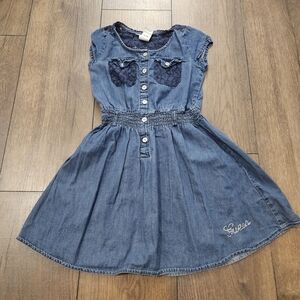 Kid's Guess Blue Denim Dress eith Breast Pockets and Rhinestone Detail Size 7